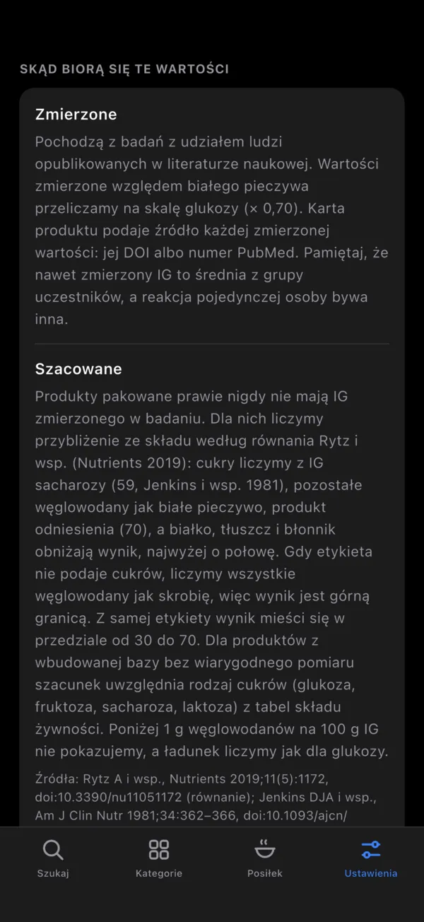 Ekran źródeł danych w trybie ciemnym: wyjaśnienie wartości zmierzonych i szacowanych